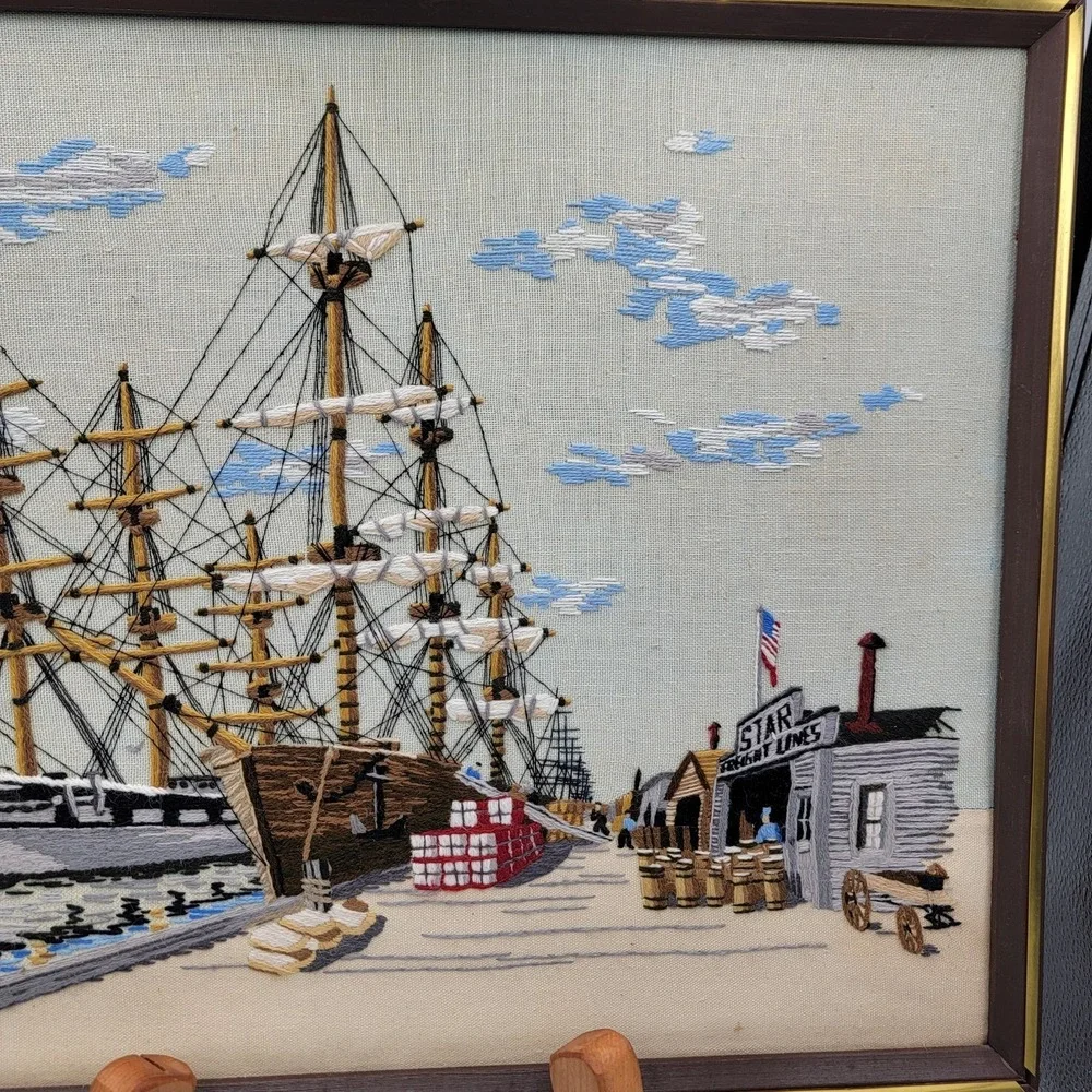 Vtg 70s Crewel Embroidery Harbor Scene Of Clipper Ship Framed Cottagecore Boho